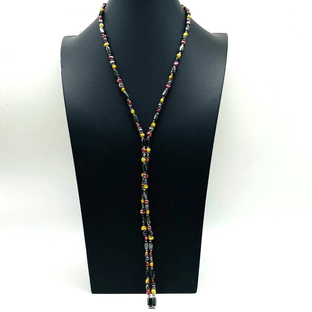 Vintage Hematite Lariat Necklace Rainbow Iridescent Beads Metallic Retro